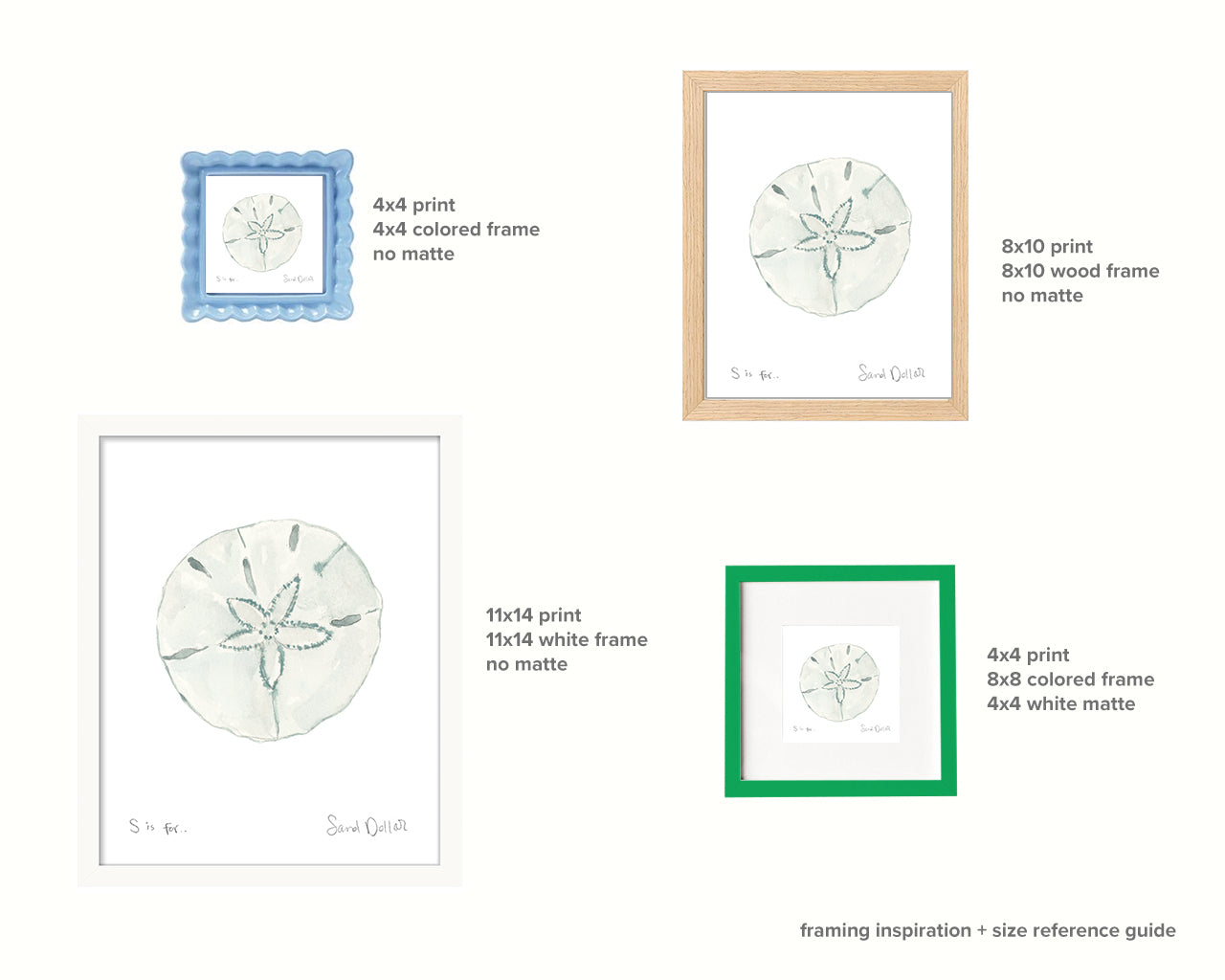 Framing reference guide with different frame options for prints.
