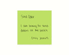 Green post-it note showcasing the Sand Dollar suggestion and story from a community member, signed by her